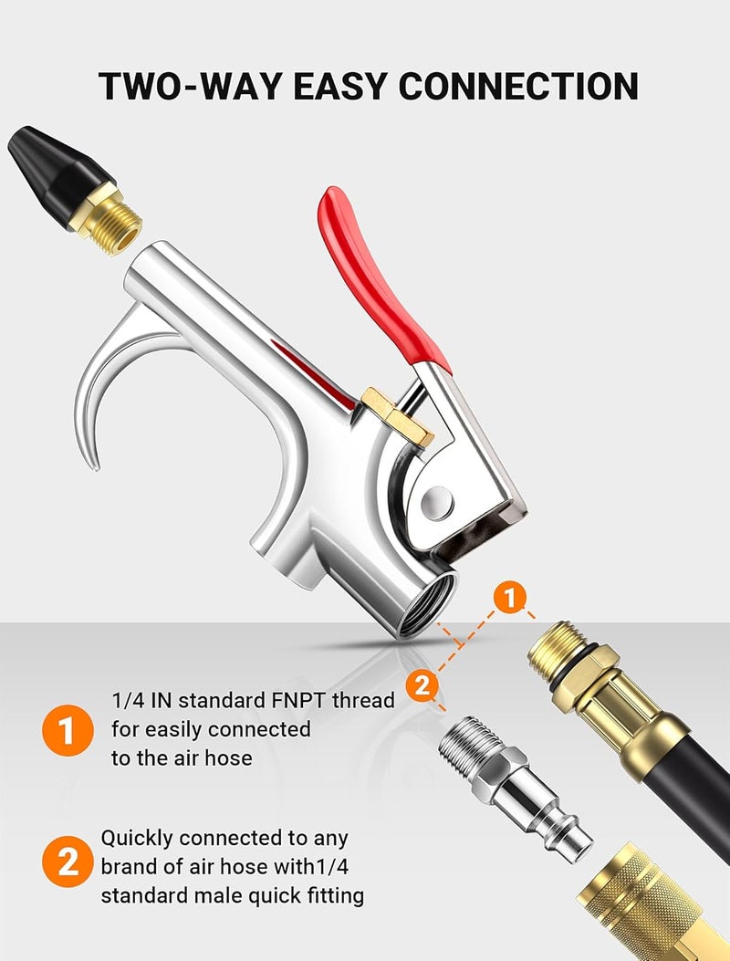 FEAOXYO 4Pcs Air Blow Gun Kit, 2-Way Connection Air Nozzle Blow Gun with 1/4 IN Standard Quick Fitting & Rubber Tip, Air Compressor Gun with Stable High-Pressure Airflow for Dust Cleaning and Inflation - Image 4